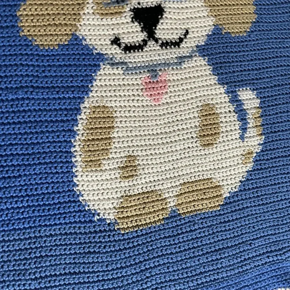 Handmade Crochet Knitted Puppy Dog Baby Blanket Blue 34x36 Nursery Decor